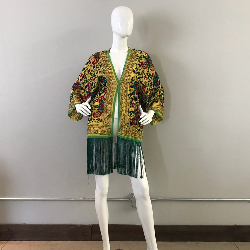Beautiful Embroidered Fringe Yellow Robe/Jacket - Picture 3 of 7